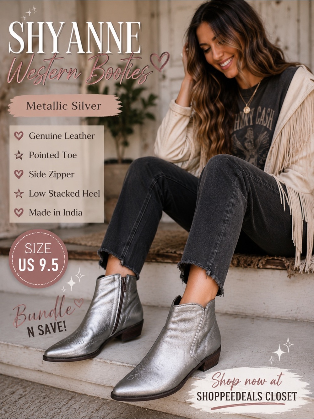 SHYANNE Metallic Silver Western Ankle Booties – Women’s US 9.5